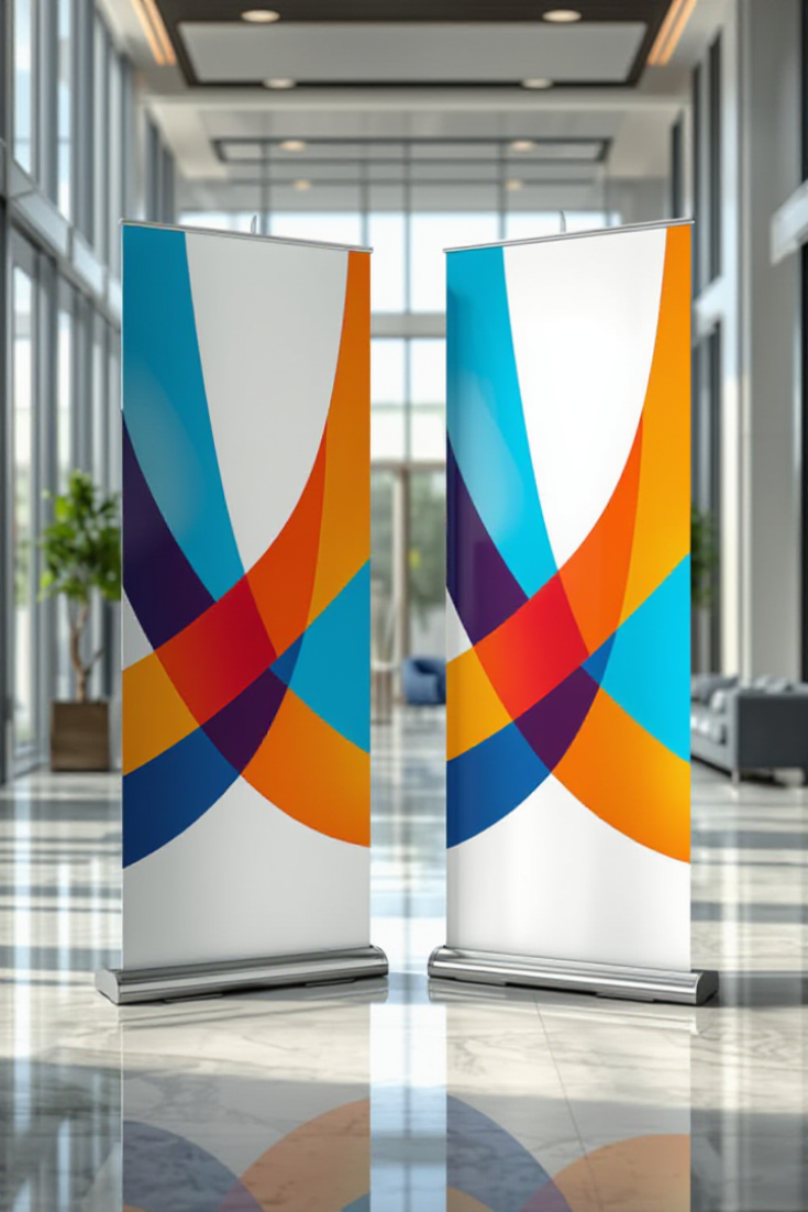 Retractable banner stands in corporate lobby